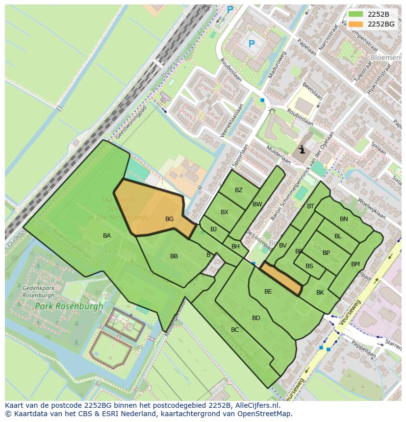 Afbeelding van het postcodegebied 2252 BG op de kaart.