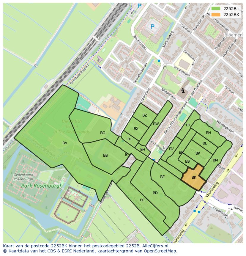 Afbeelding van het postcodegebied 2252 BK op de kaart.