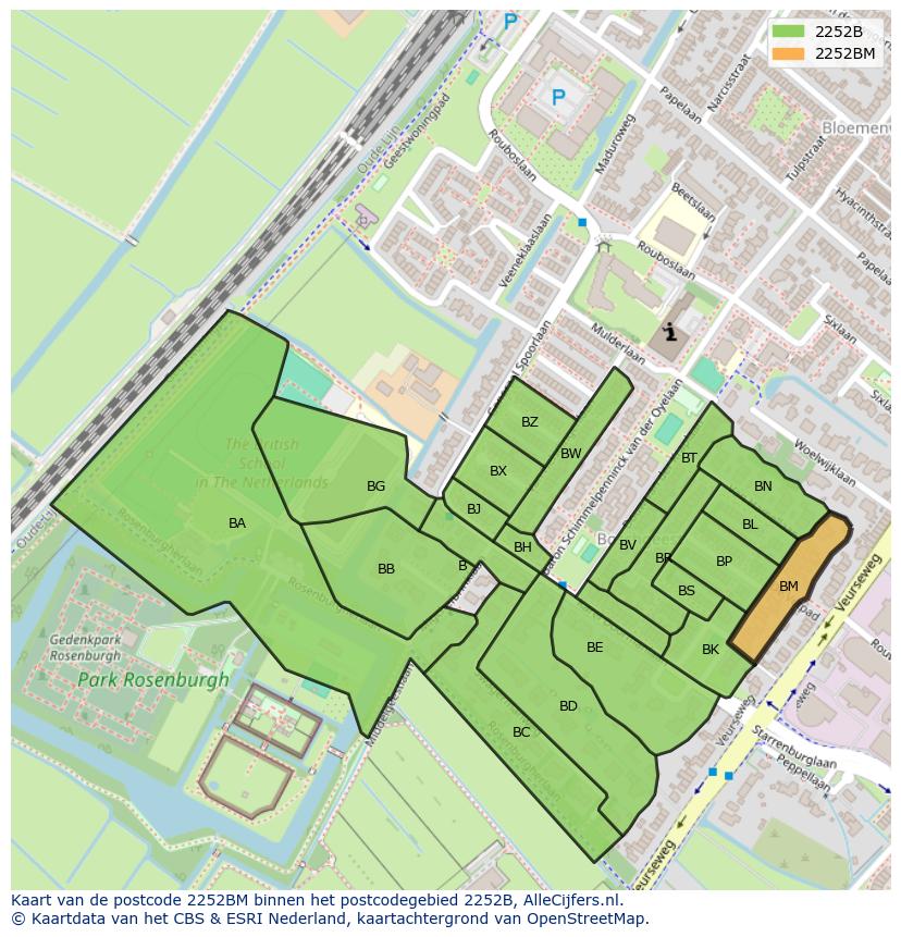 Afbeelding van het postcodegebied 2252 BM op de kaart.