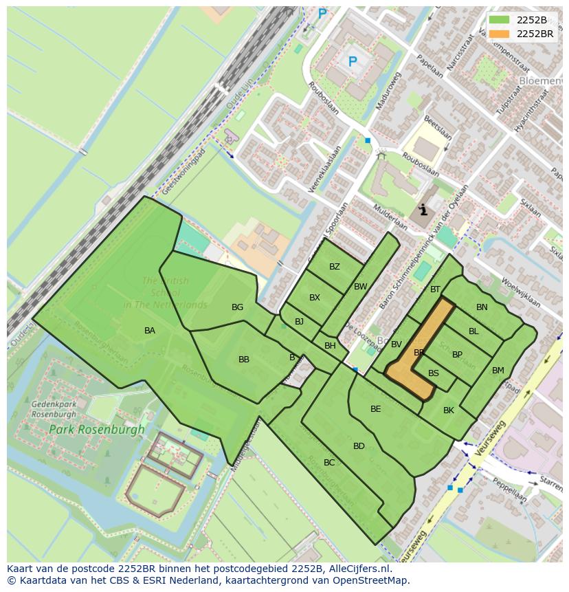 Afbeelding van het postcodegebied 2252 BR op de kaart.