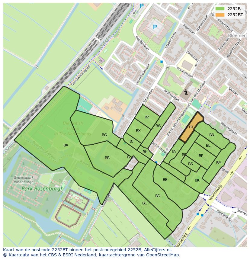 Afbeelding van het postcodegebied 2252 BT op de kaart.