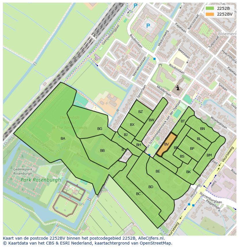 Afbeelding van het postcodegebied 2252 BV op de kaart.