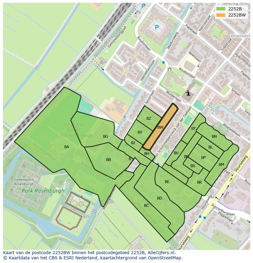 Afbeelding van het postcodegebied 2252 BW op de kaart.