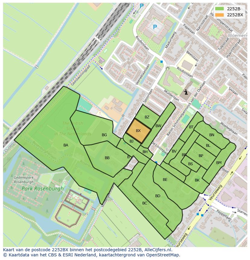 Afbeelding van het postcodegebied 2252 BX op de kaart.