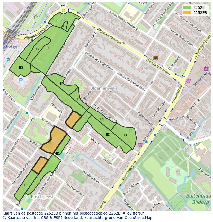 Afbeelding van het postcodegebied 2252 EB op de kaart.