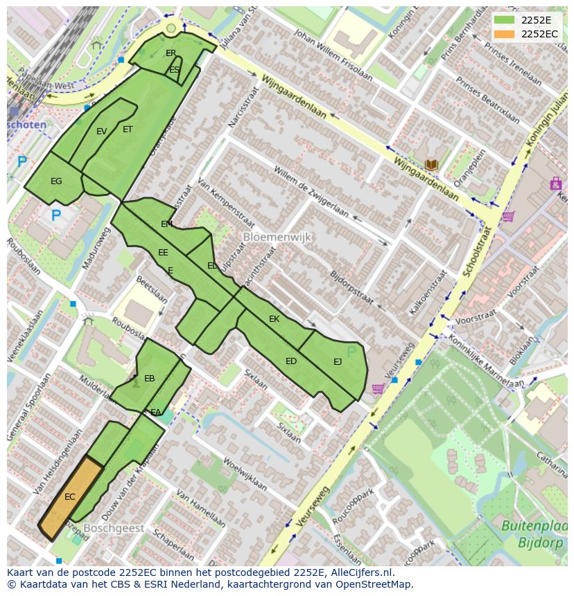 Afbeelding van het postcodegebied 2252 EC op de kaart.