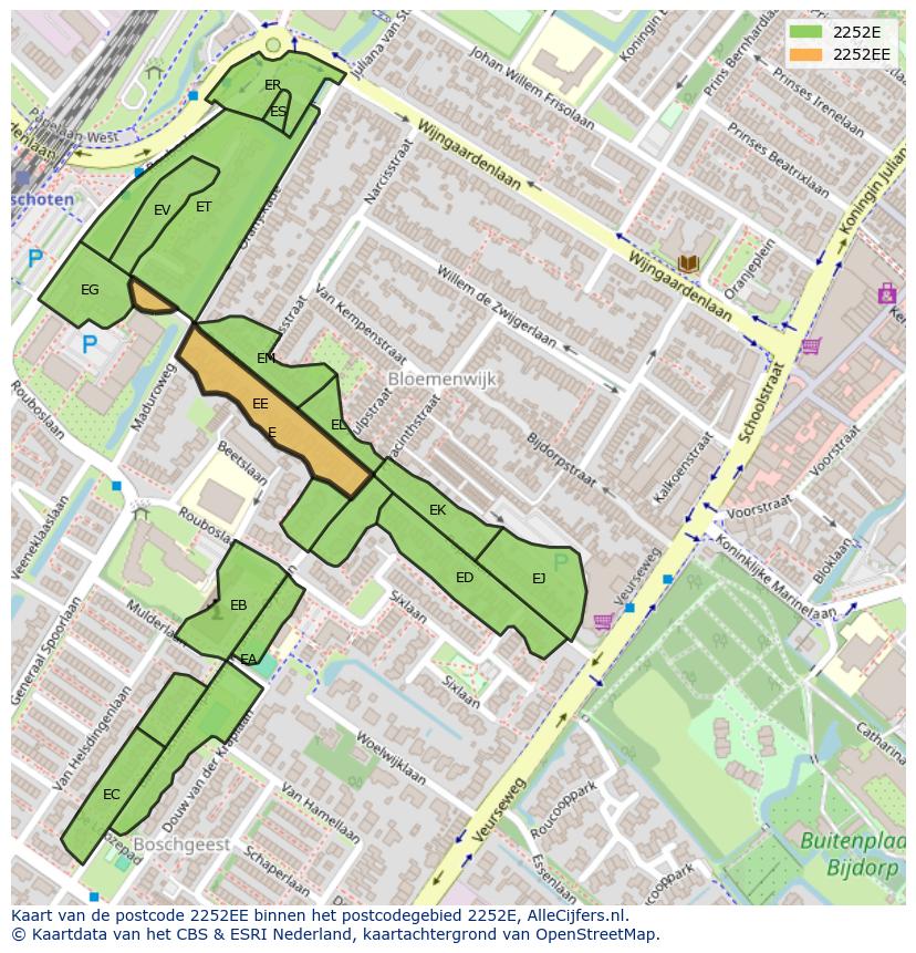 Afbeelding van het postcodegebied 2252 EE op de kaart.