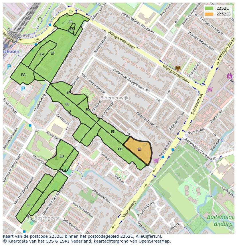 Afbeelding van het postcodegebied 2252 EJ op de kaart.