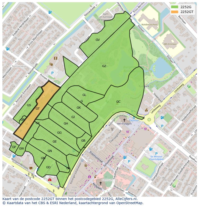 Afbeelding van het postcodegebied 2252 GT op de kaart.