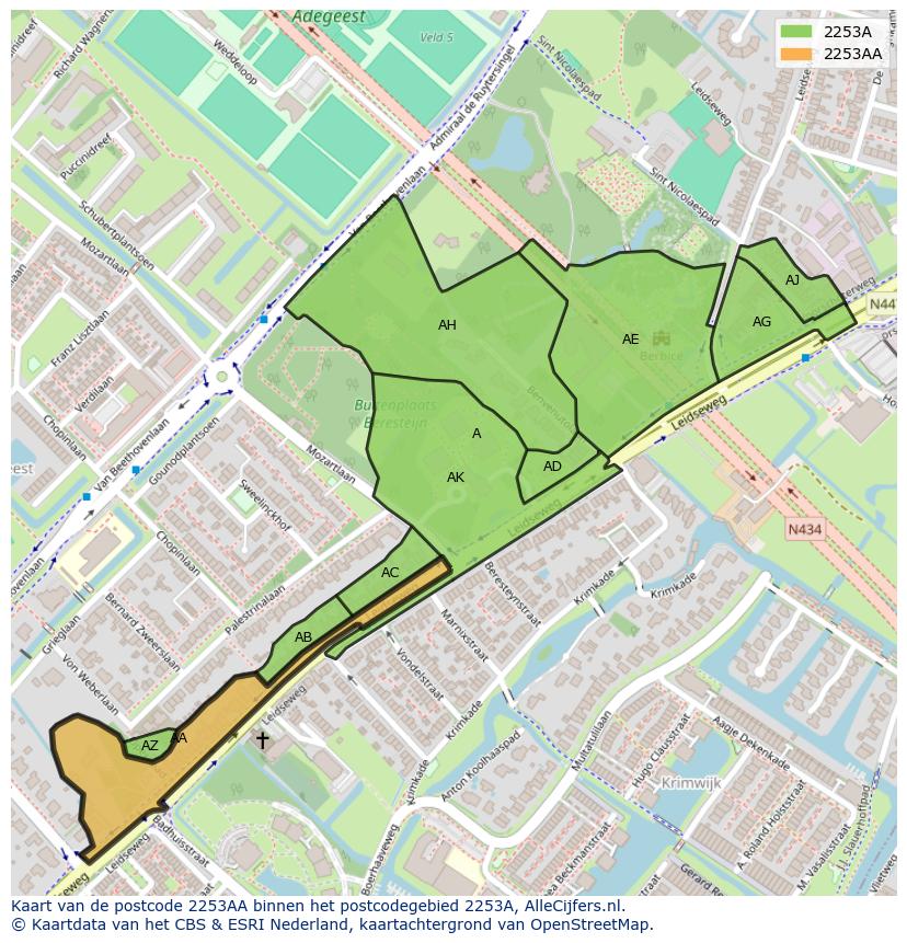 Afbeelding van het postcodegebied 2253 AA op de kaart.