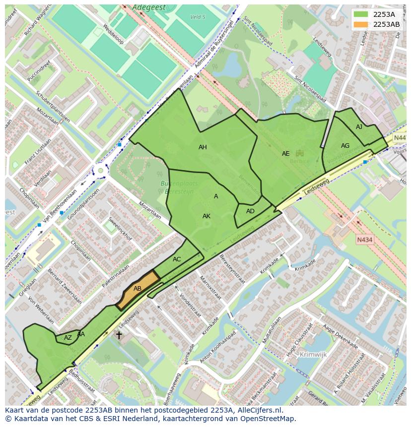 Afbeelding van het postcodegebied 2253 AB op de kaart.