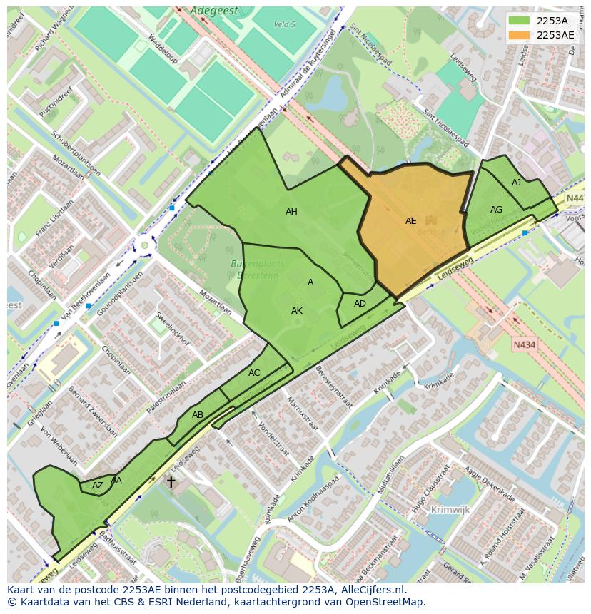 Afbeelding van het postcodegebied 2253 AE op de kaart.