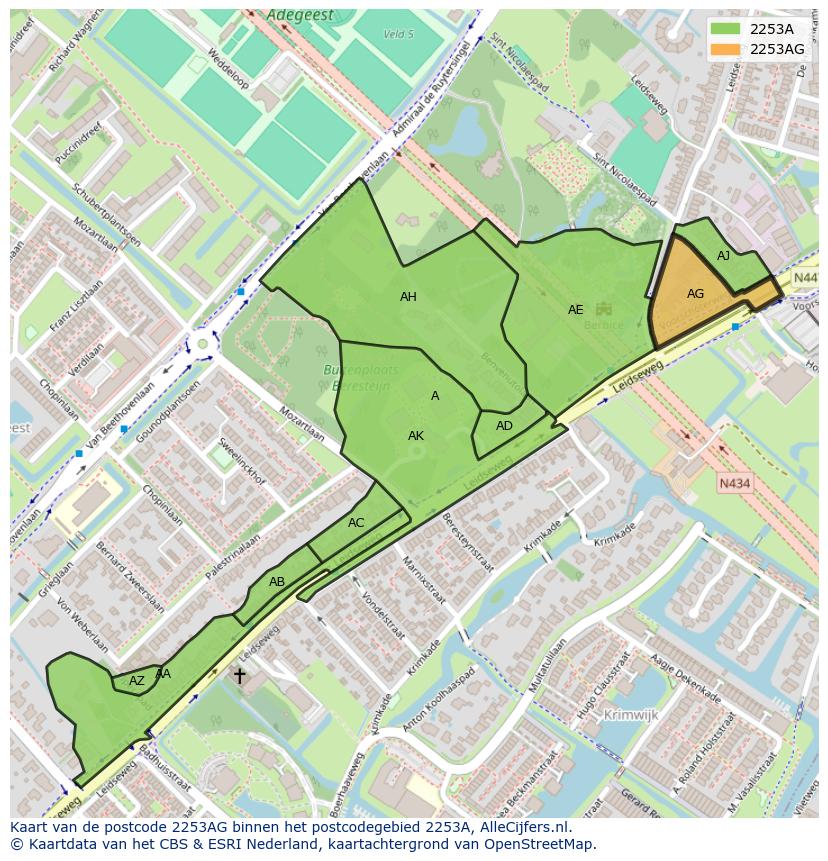 Afbeelding van het postcodegebied 2253 AG op de kaart.