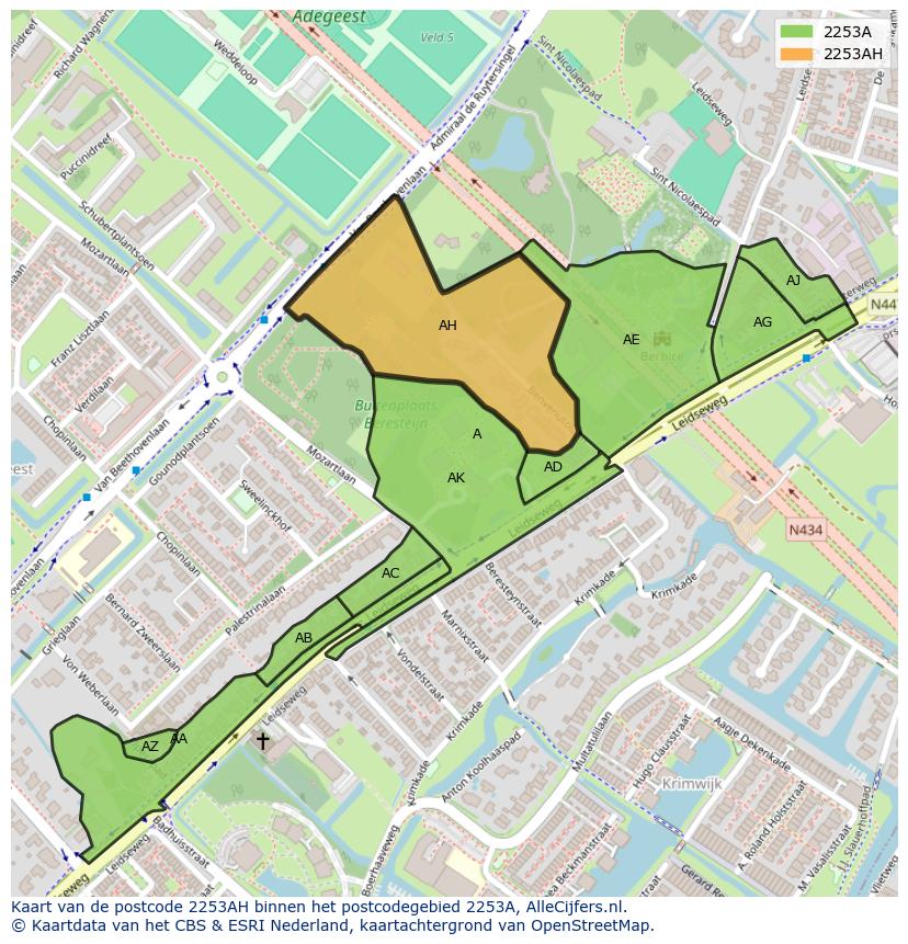 Afbeelding van het postcodegebied 2253 AH op de kaart.