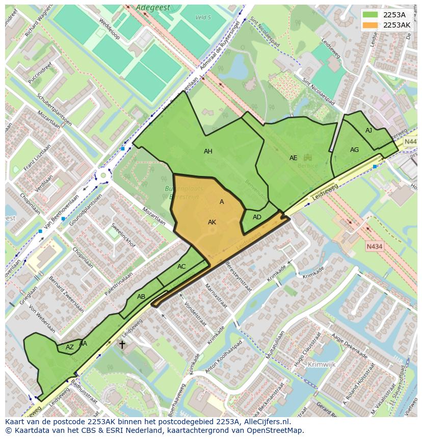 Afbeelding van het postcodegebied 2253 AK op de kaart.