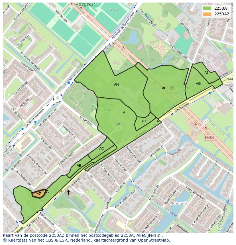 Afbeelding van het postcodegebied 2253 AZ op de kaart.