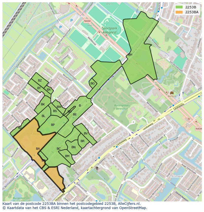Afbeelding van het postcodegebied 2253 BA op de kaart.