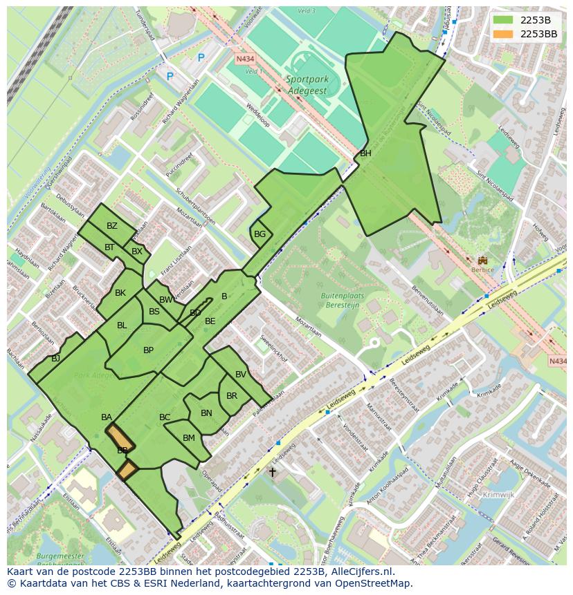 Afbeelding van het postcodegebied 2253 BB op de kaart.