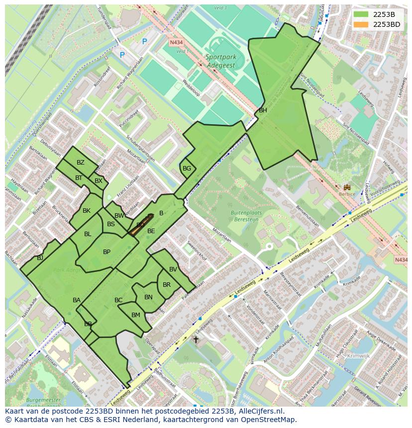 Afbeelding van het postcodegebied 2253 BD op de kaart.