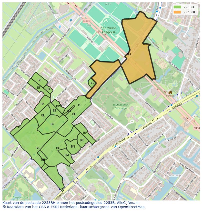 Afbeelding van het postcodegebied 2253 BH op de kaart.