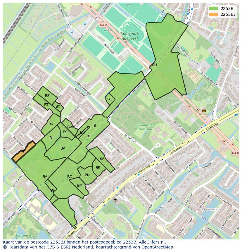 Afbeelding van het postcodegebied 2253 BJ op de kaart.