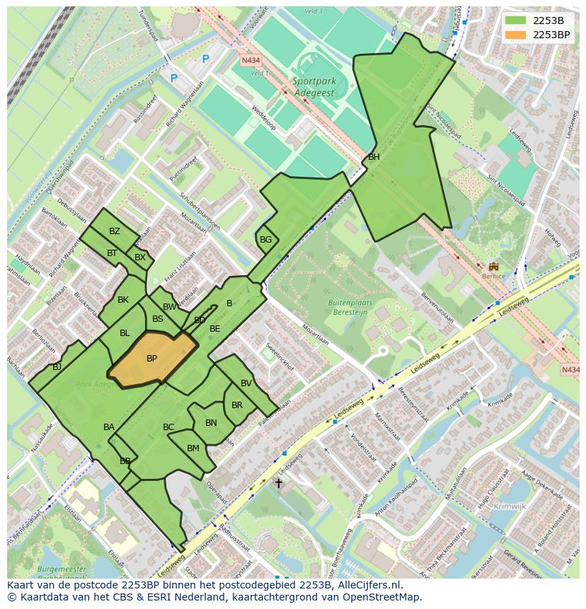 Afbeelding van het postcodegebied 2253 BP op de kaart.