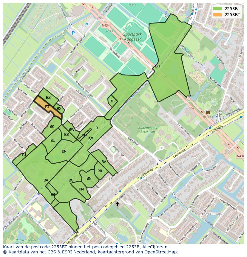 Afbeelding van het postcodegebied 2253 BT op de kaart.