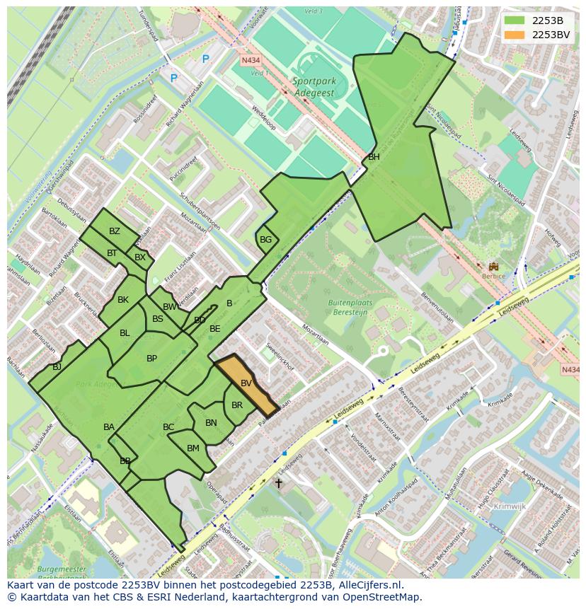 Afbeelding van het postcodegebied 2253 BV op de kaart.