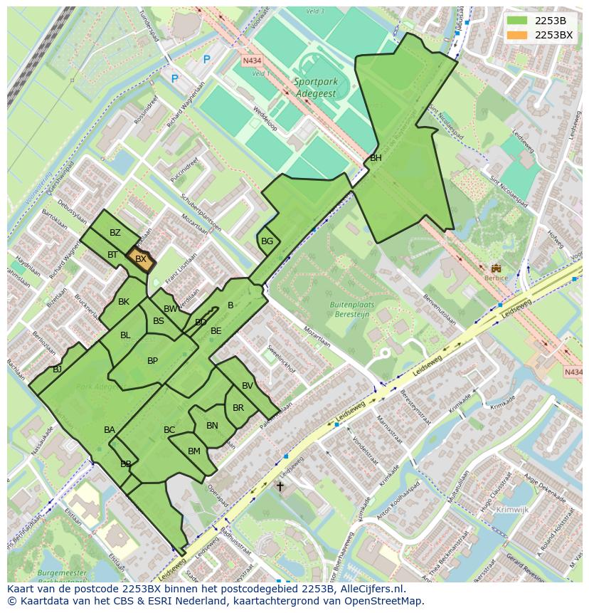 Afbeelding van het postcodegebied 2253 BX op de kaart.