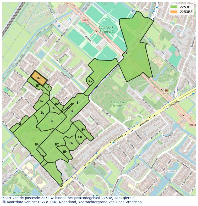 Afbeelding van het postcodegebied 2253 BZ op de kaart.