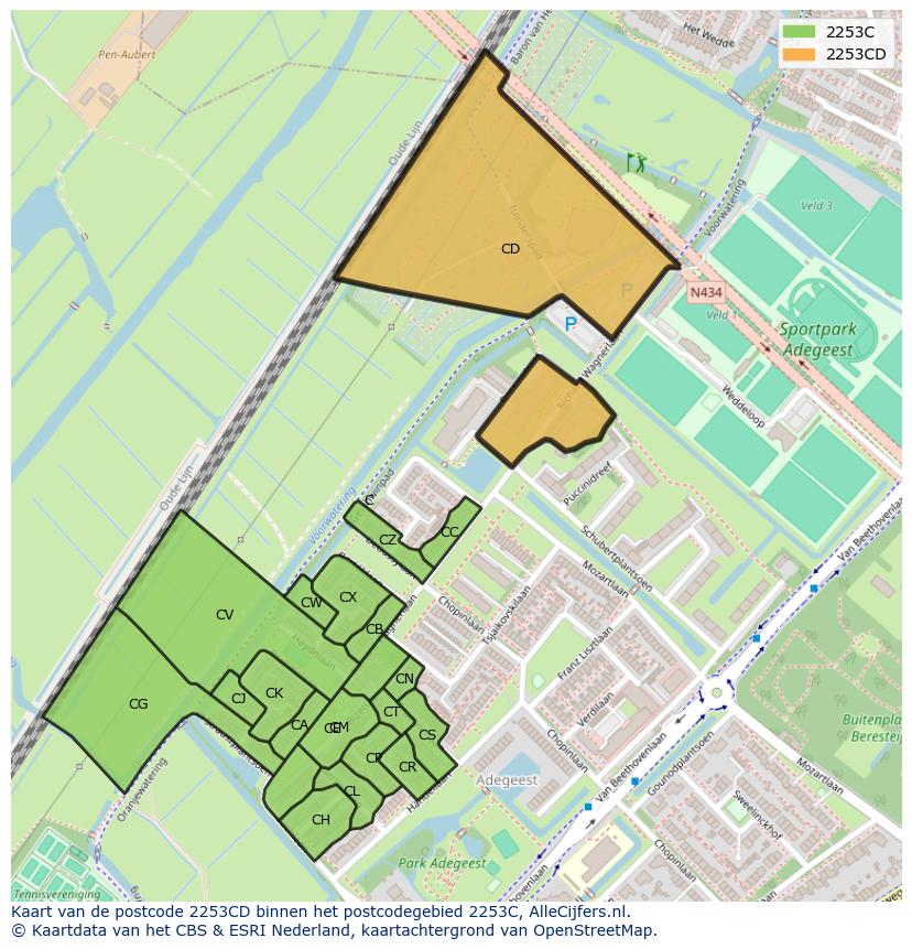 Afbeelding van het postcodegebied 2253 CD op de kaart.