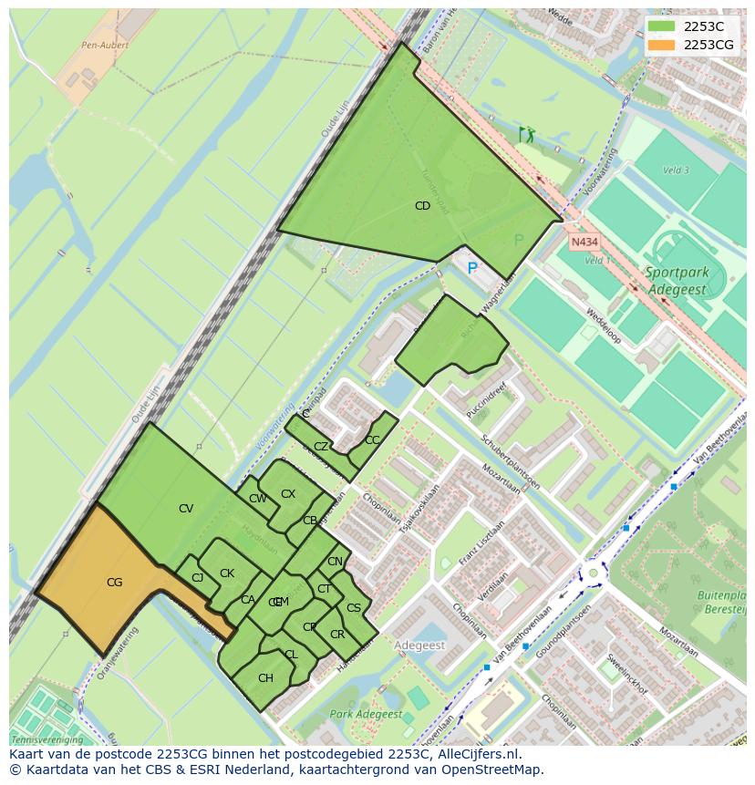 Afbeelding van het postcodegebied 2253 CG op de kaart.