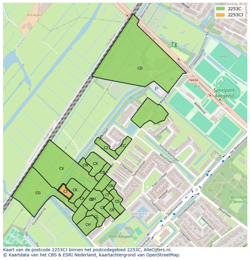 Afbeelding van het postcodegebied 2253 CJ op de kaart.