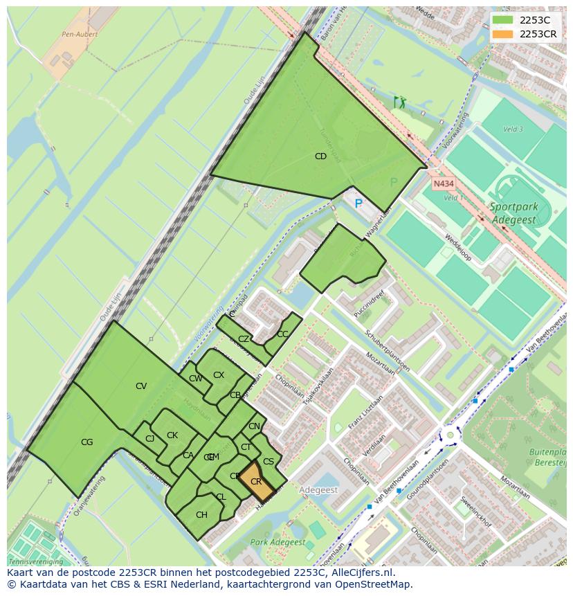 Afbeelding van het postcodegebied 2253 CR op de kaart.