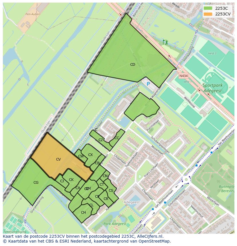 Afbeelding van het postcodegebied 2253 CV op de kaart.
