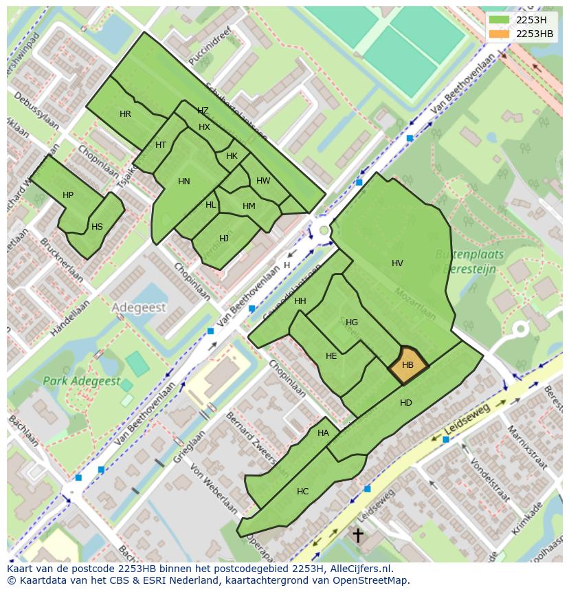 Afbeelding van het postcodegebied 2253 HB op de kaart.