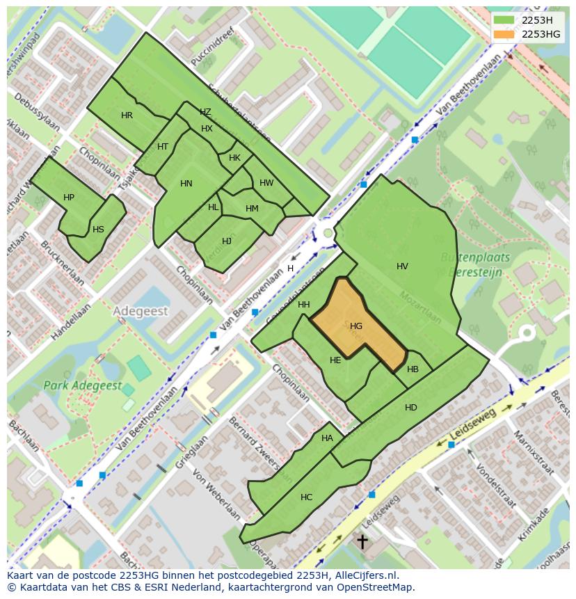 Afbeelding van het postcodegebied 2253 HG op de kaart.