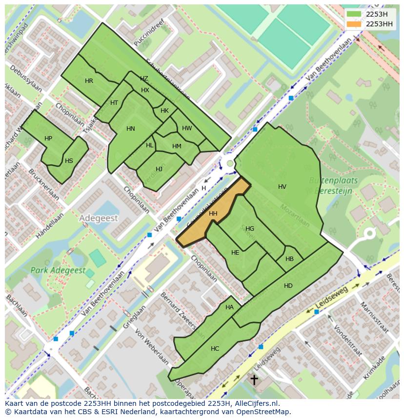 Afbeelding van het postcodegebied 2253 HH op de kaart.