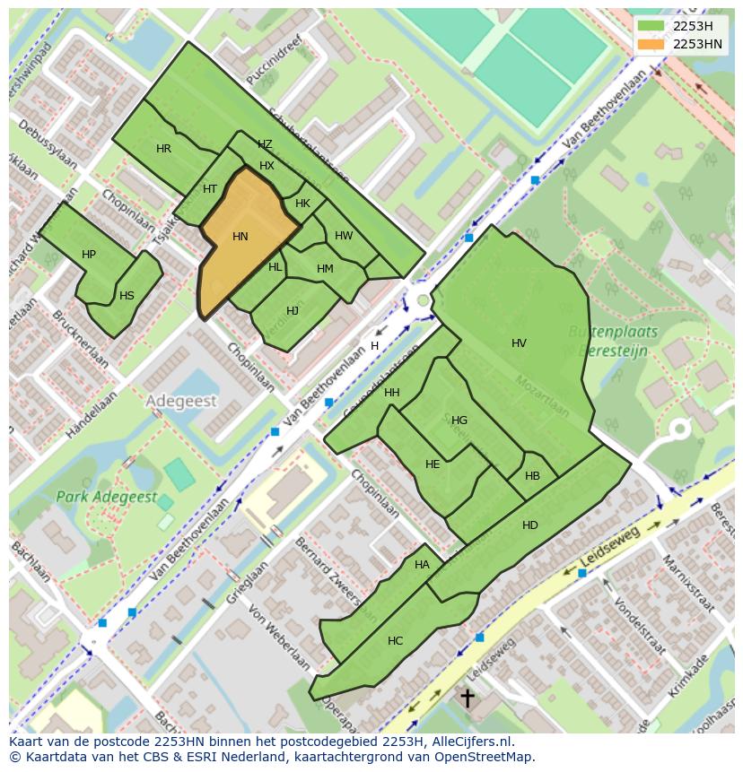 Afbeelding van het postcodegebied 2253 HN op de kaart.