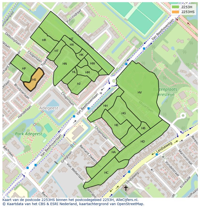 Afbeelding van het postcodegebied 2253 HS op de kaart.