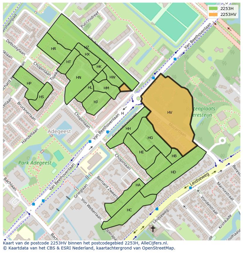 Afbeelding van het postcodegebied 2253 HV op de kaart.