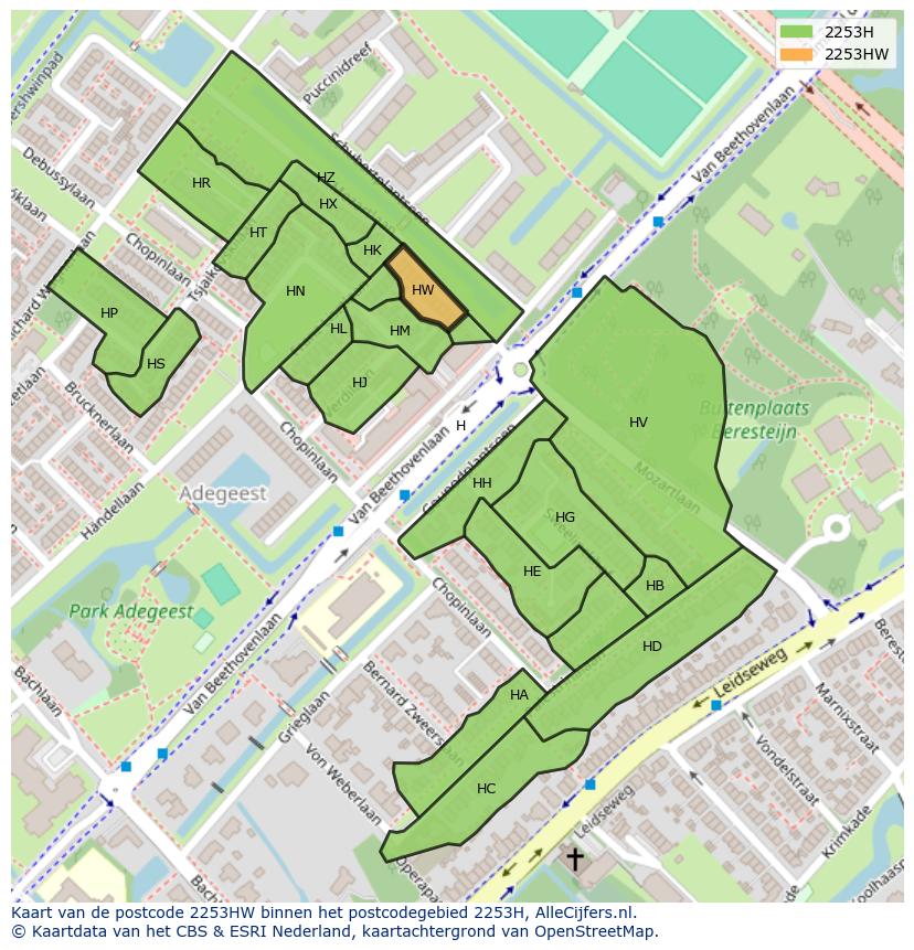 Afbeelding van het postcodegebied 2253 HW op de kaart.