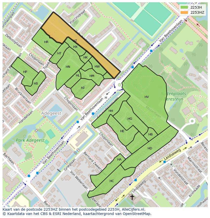 Afbeelding van het postcodegebied 2253 HZ op de kaart.