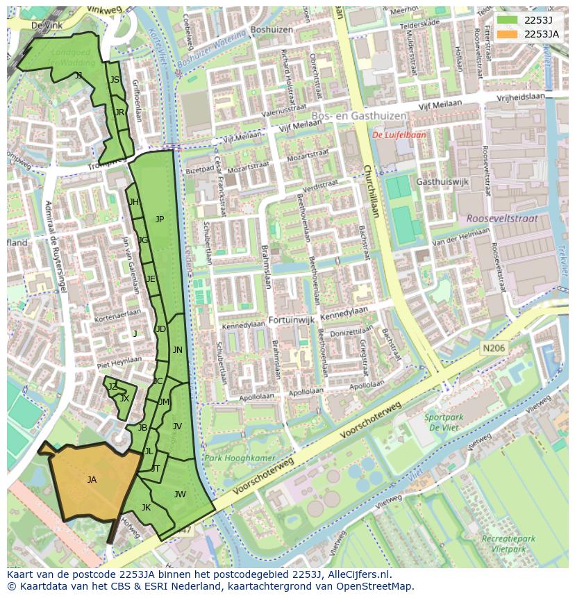 Afbeelding van het postcodegebied 2253 JA op de kaart.