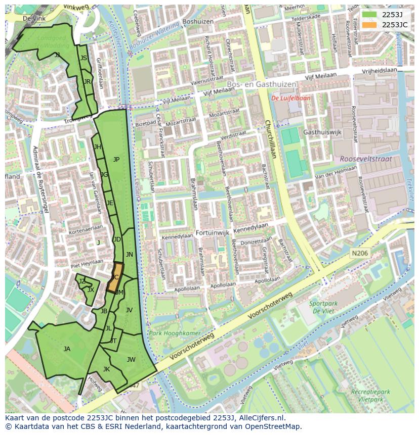 Afbeelding van het postcodegebied 2253 JC op de kaart.