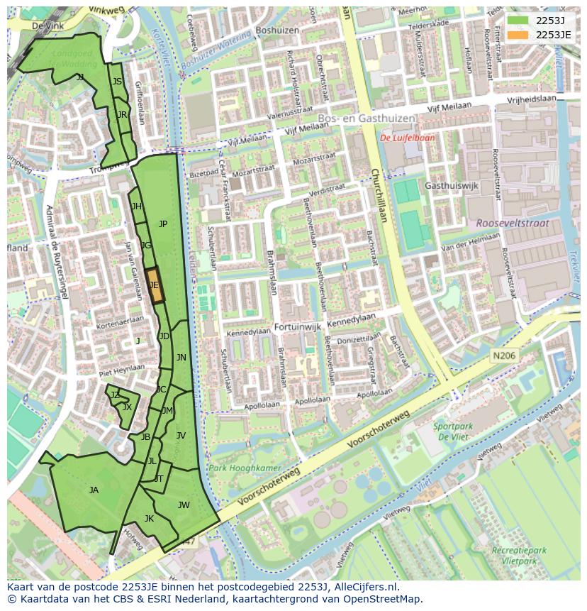 Afbeelding van het postcodegebied 2253 JE op de kaart.