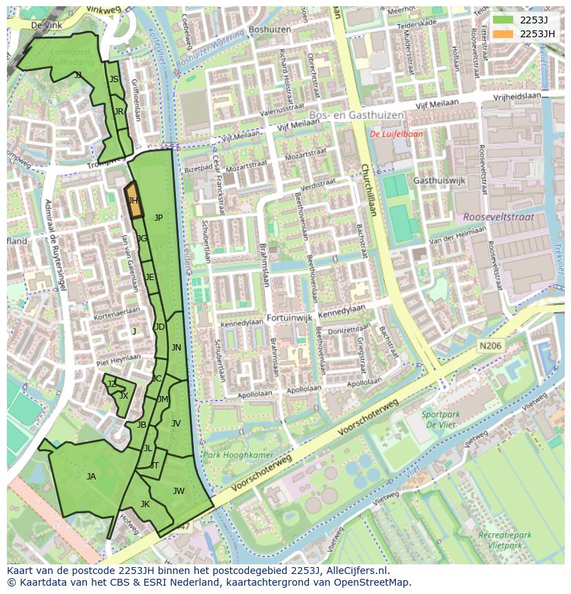 Afbeelding van het postcodegebied 2253 JH op de kaart.