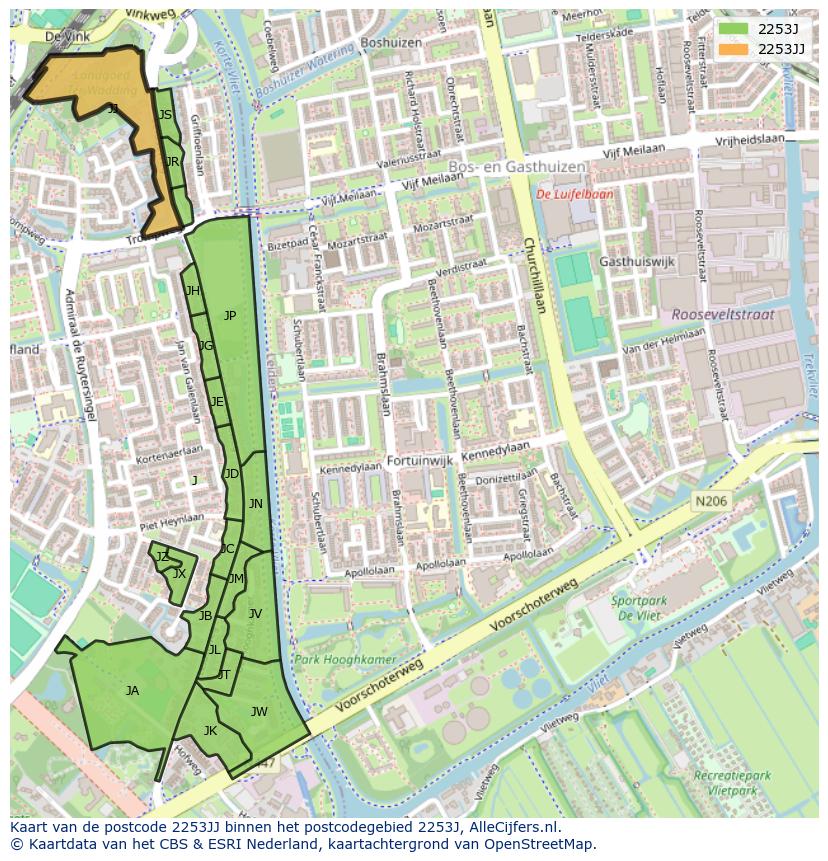 Afbeelding van het postcodegebied 2253 JJ op de kaart.