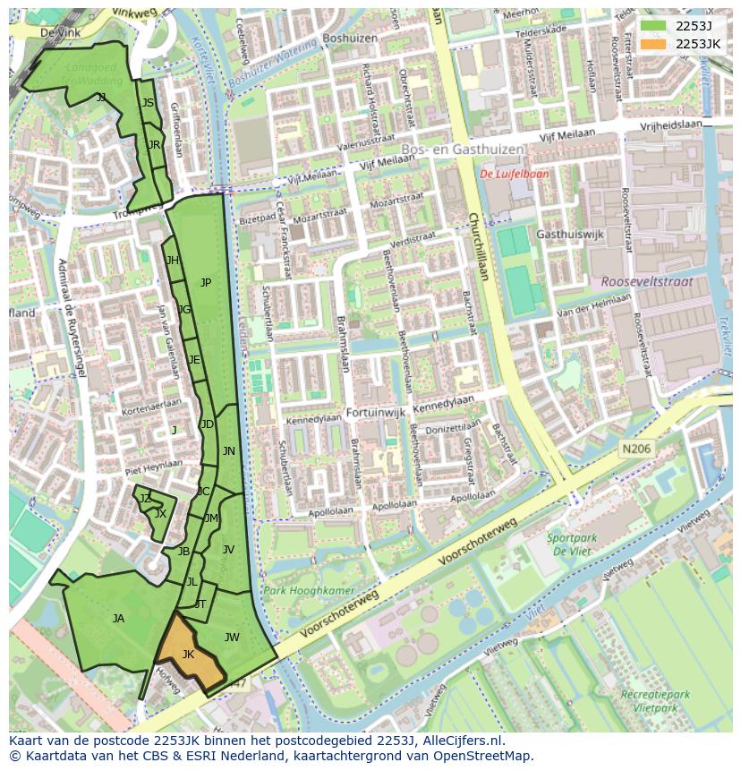 Afbeelding van het postcodegebied 2253 JK op de kaart.