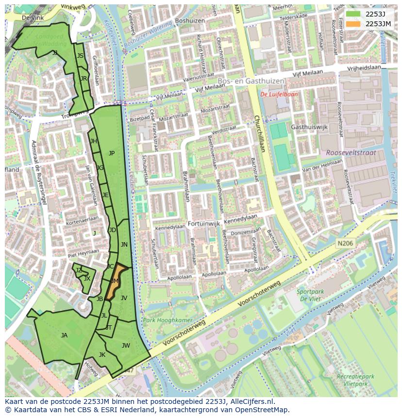 Afbeelding van het postcodegebied 2253 JM op de kaart.
